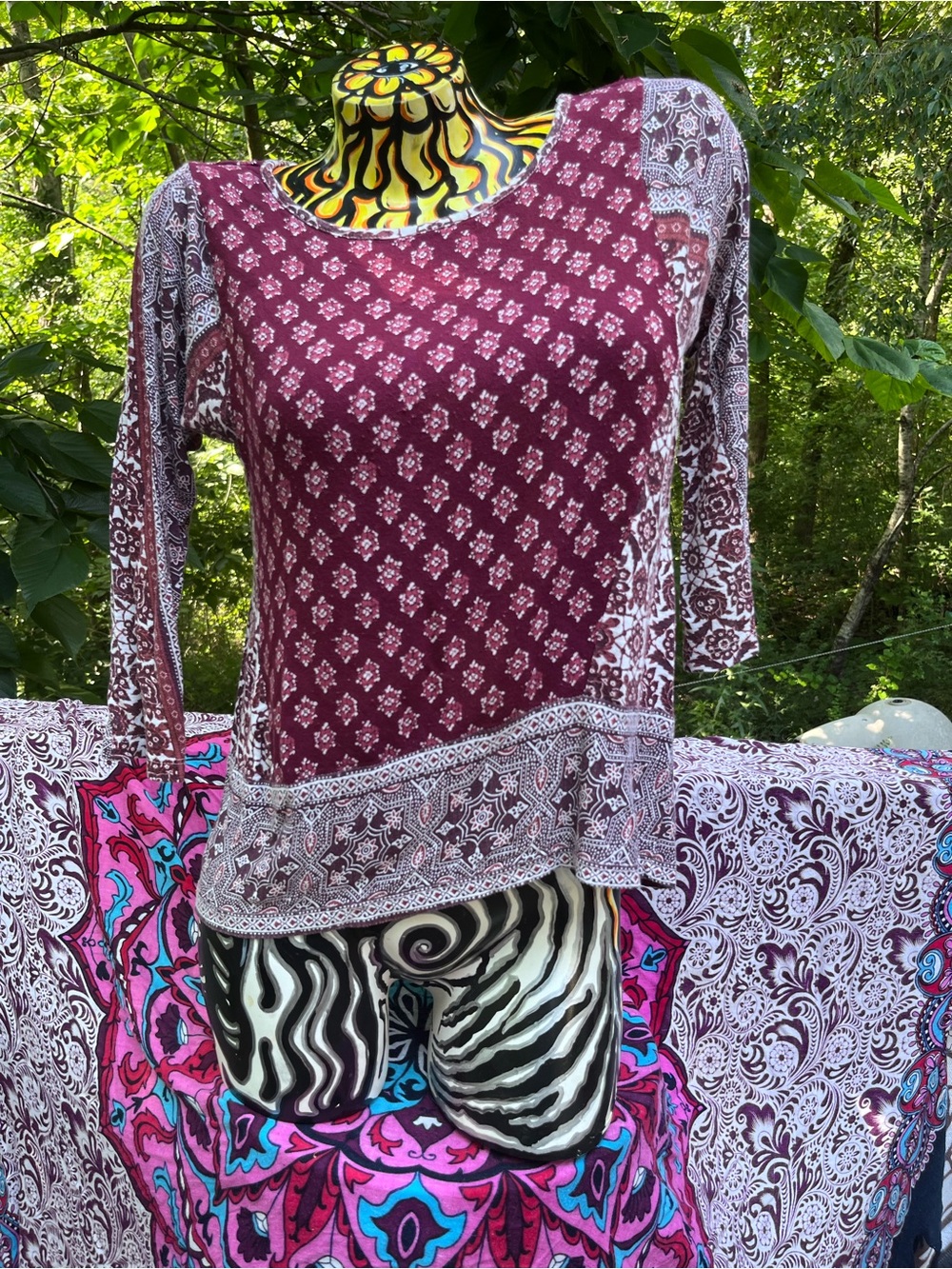 Lucky Brand Burgundy and White Printed Long-Sleeve Scoop Neck Top
